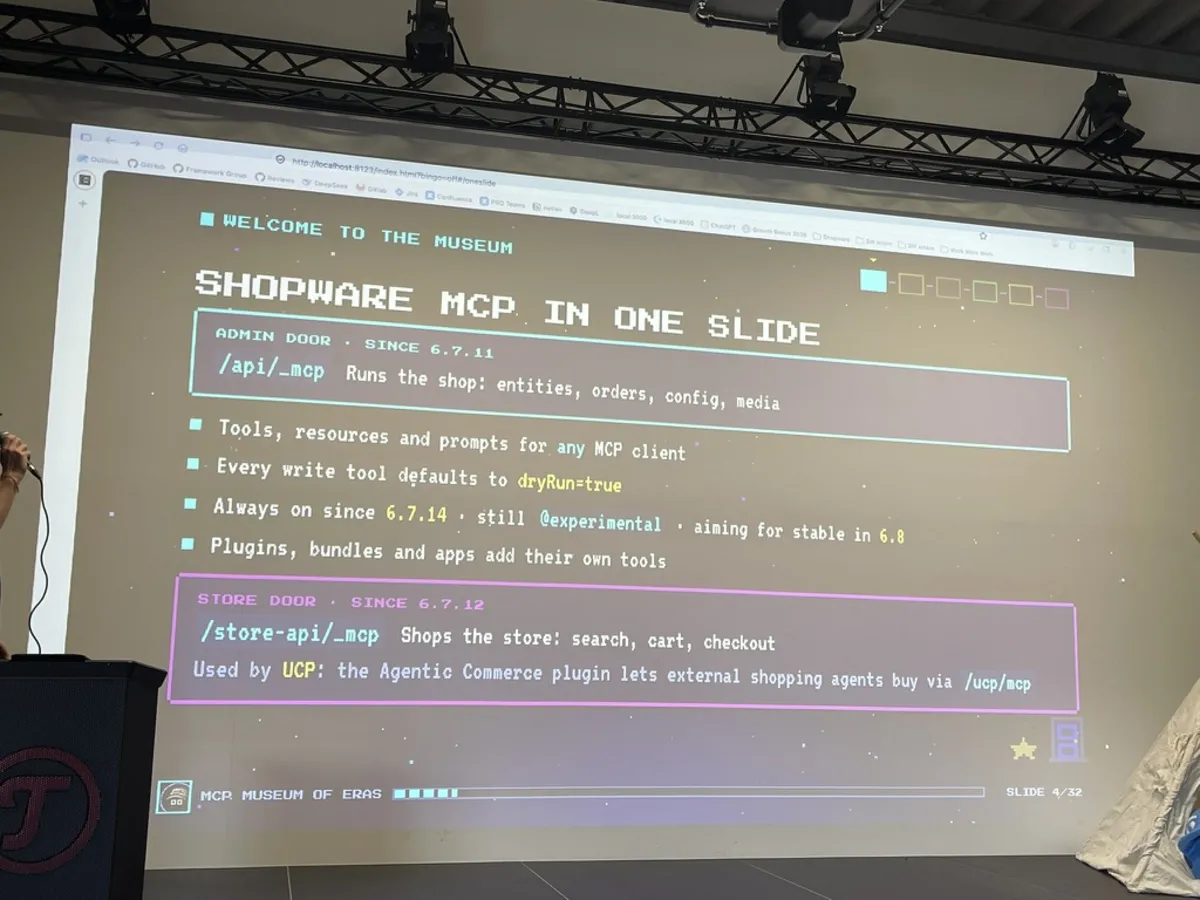 Folie Shopware MCP in one slide: Admin-Endpunkt seit 6.7.11, Store-API-Endpunkt seit 6.7.12, experimentell, stabil angestrebt für 6.8