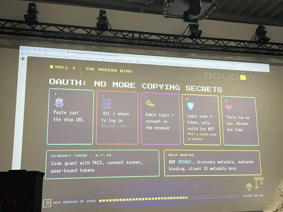 Folie OAuth: No more copying secrets, fünf Schritte vom Einfügen der Shop-URL bis zum widerrufbaren Token