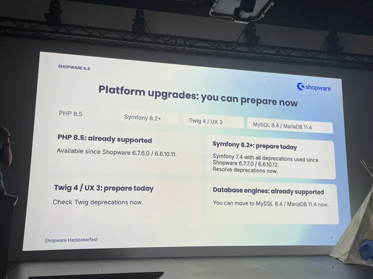 Folie Platform upgrades: PHP 8.5, Symfony 8.2, Twig 4 und MySQL 8.4 lassen sich auf 6.7 vorbereiten