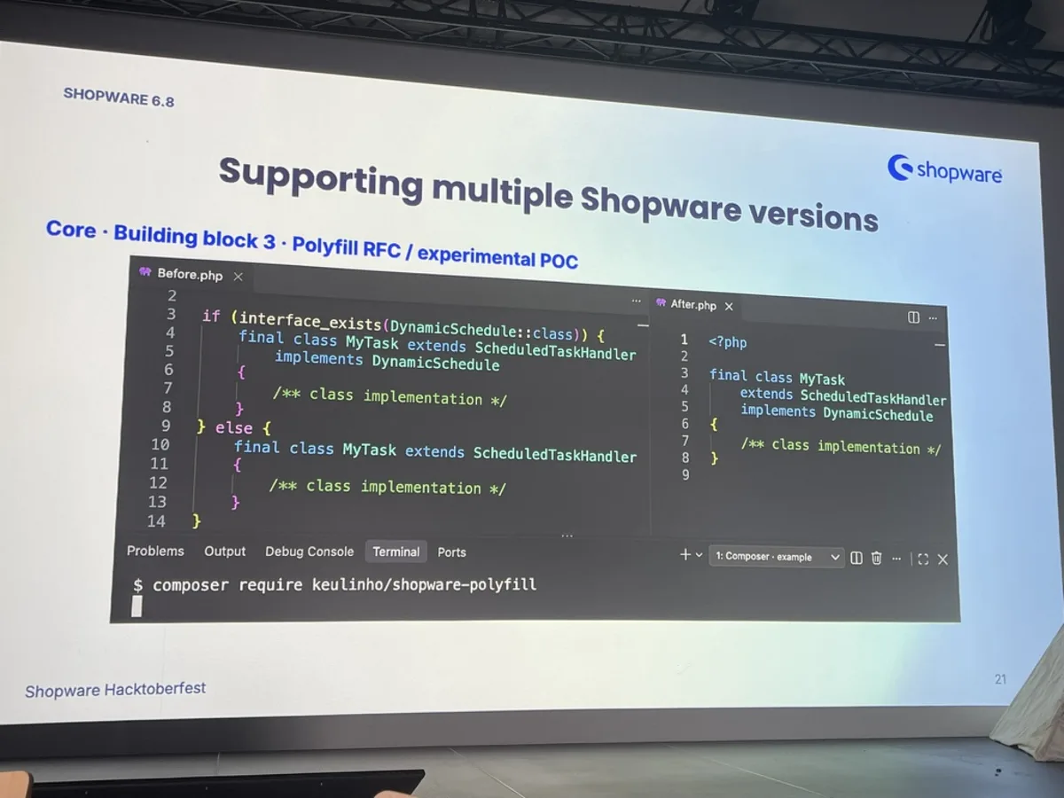 Folie Supporting multiple Shopware versions: Polyfill-Ansatz mit interface_exists und composer require keulinho/shopware-polyfill