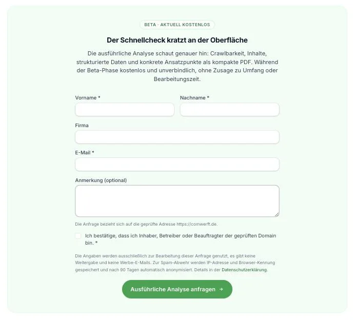 Anfrage-Formular für die ausführliche Analyse, in der Beta-Phase kostenlos