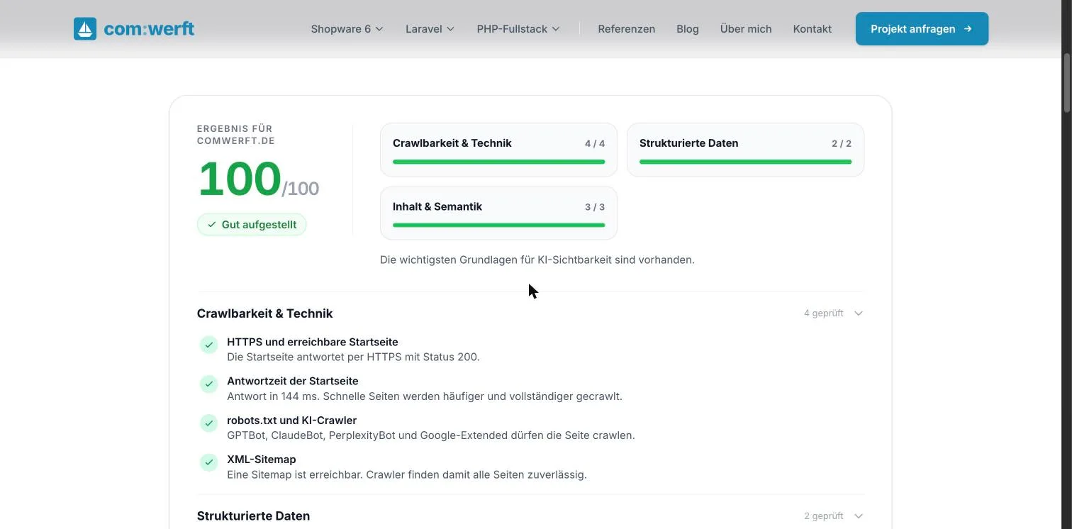 Ergebnis des Schnellchecks für comwerft.de: 100 von 100 Punkten, alle Prüfungen bestanden