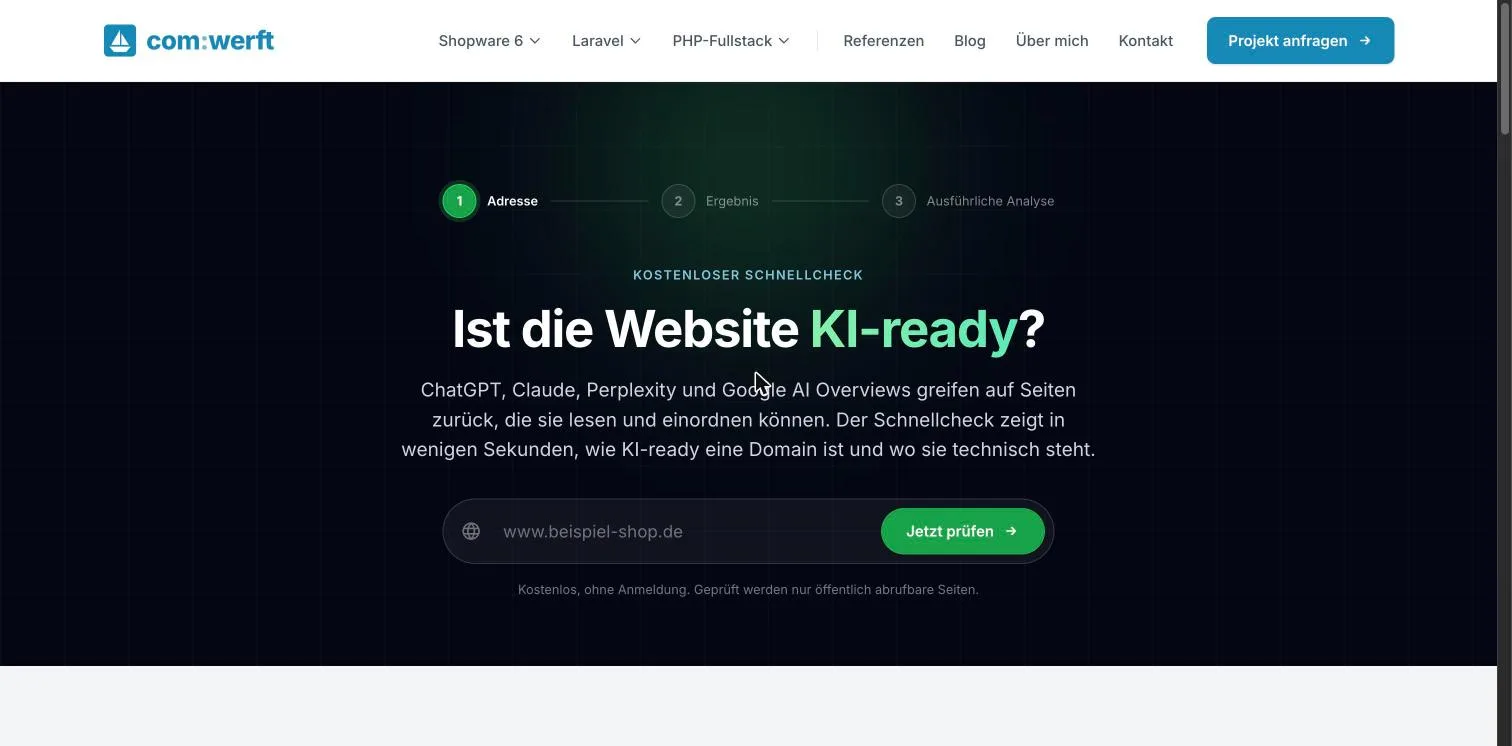 Startseite des KI-Readiness-Checks mit Eingabefeld für die Domain