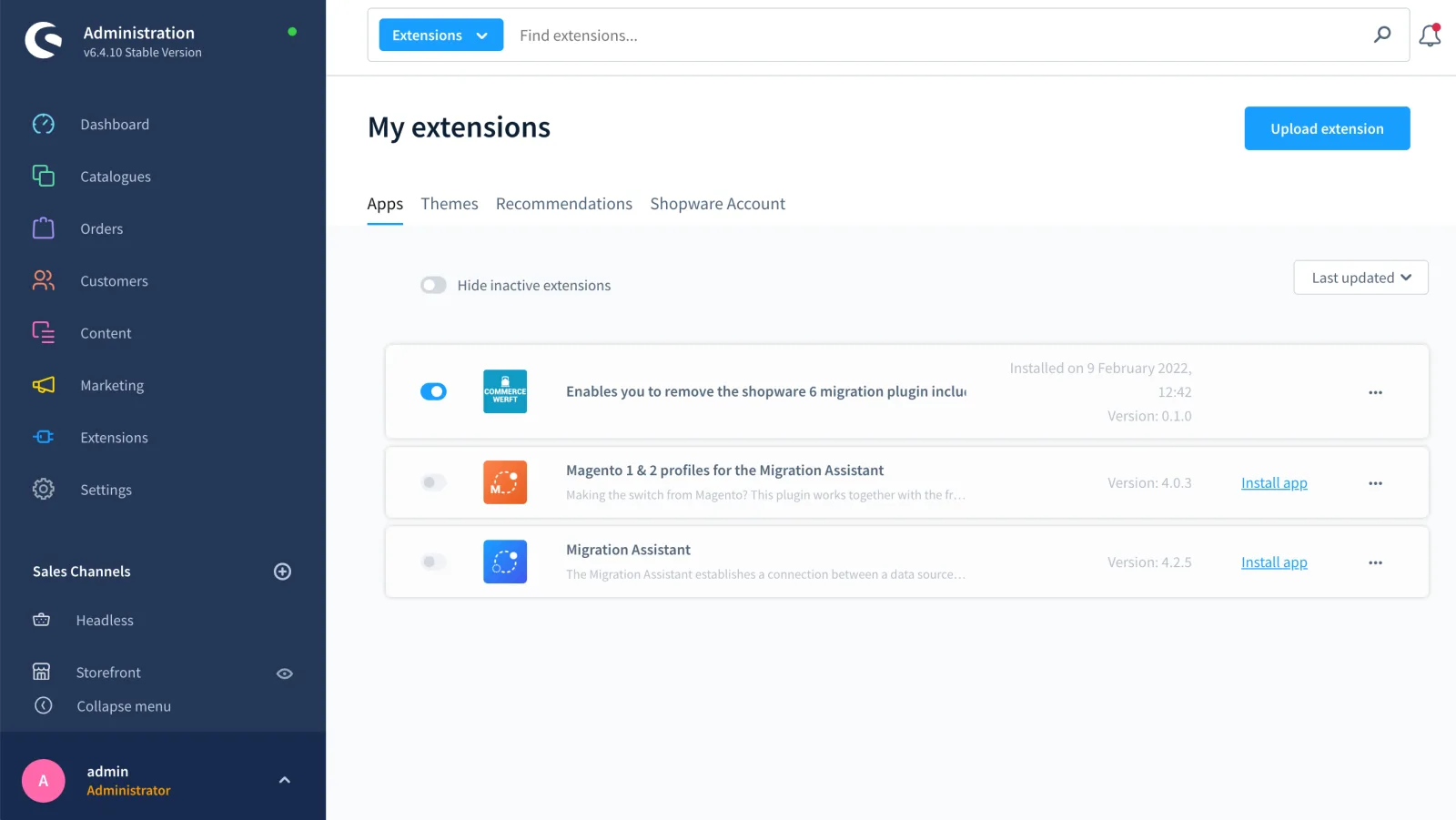 Erweiterungs-Übersicht in der Shopware-Administration: das kleine Plugin ist aktiv, Migrations-Assistent und Magento-Profil sind deinstalliert