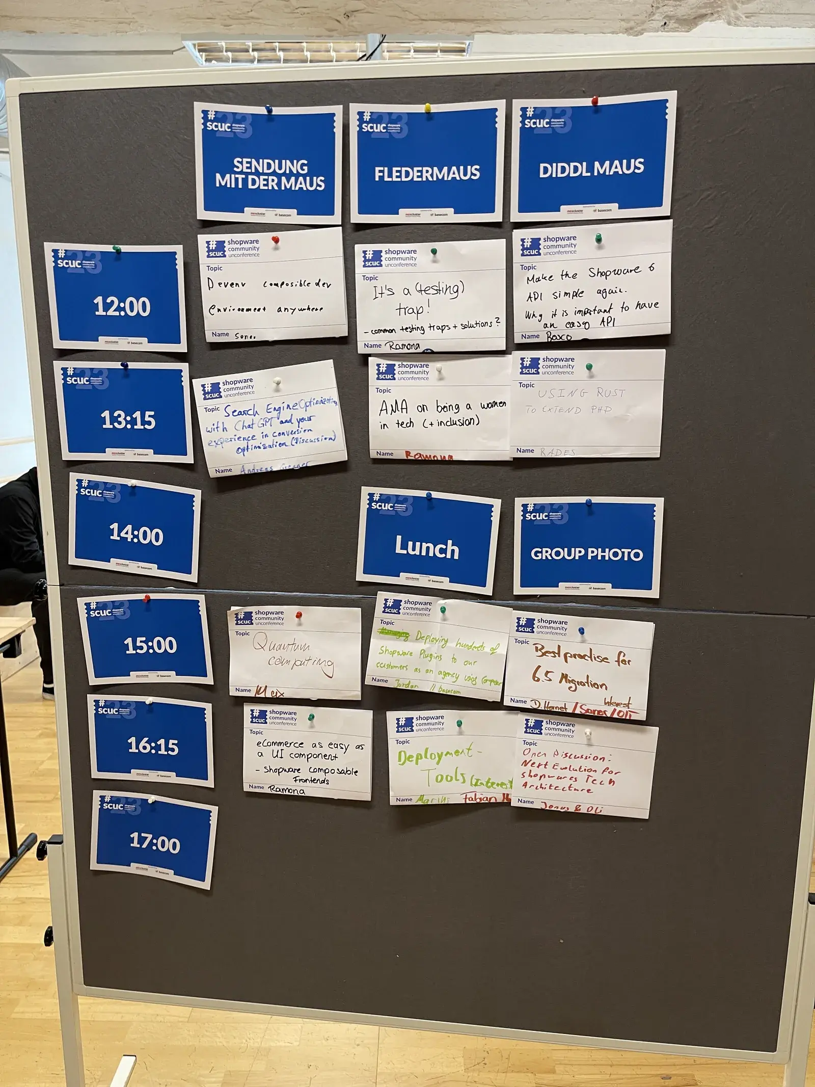 Fertiger Sessionplan der Unconference mit Raumnamen, Zeitslots und den zugeordneten Themenkarten