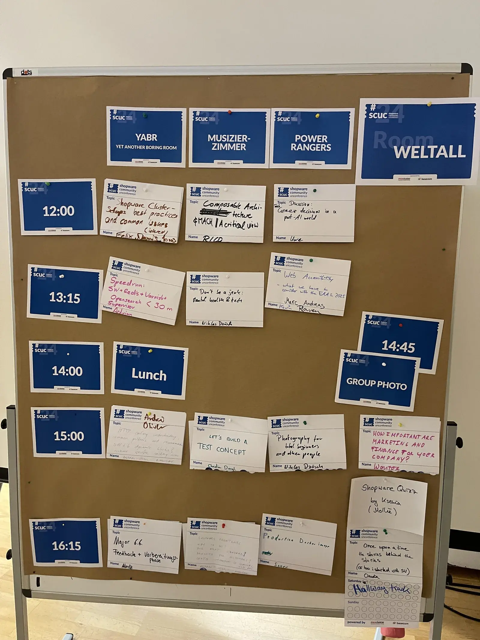 Sessionplan der Unconference 2024 mit Raumnamen, Zeitslots und handbeschrifteten Themenkarten