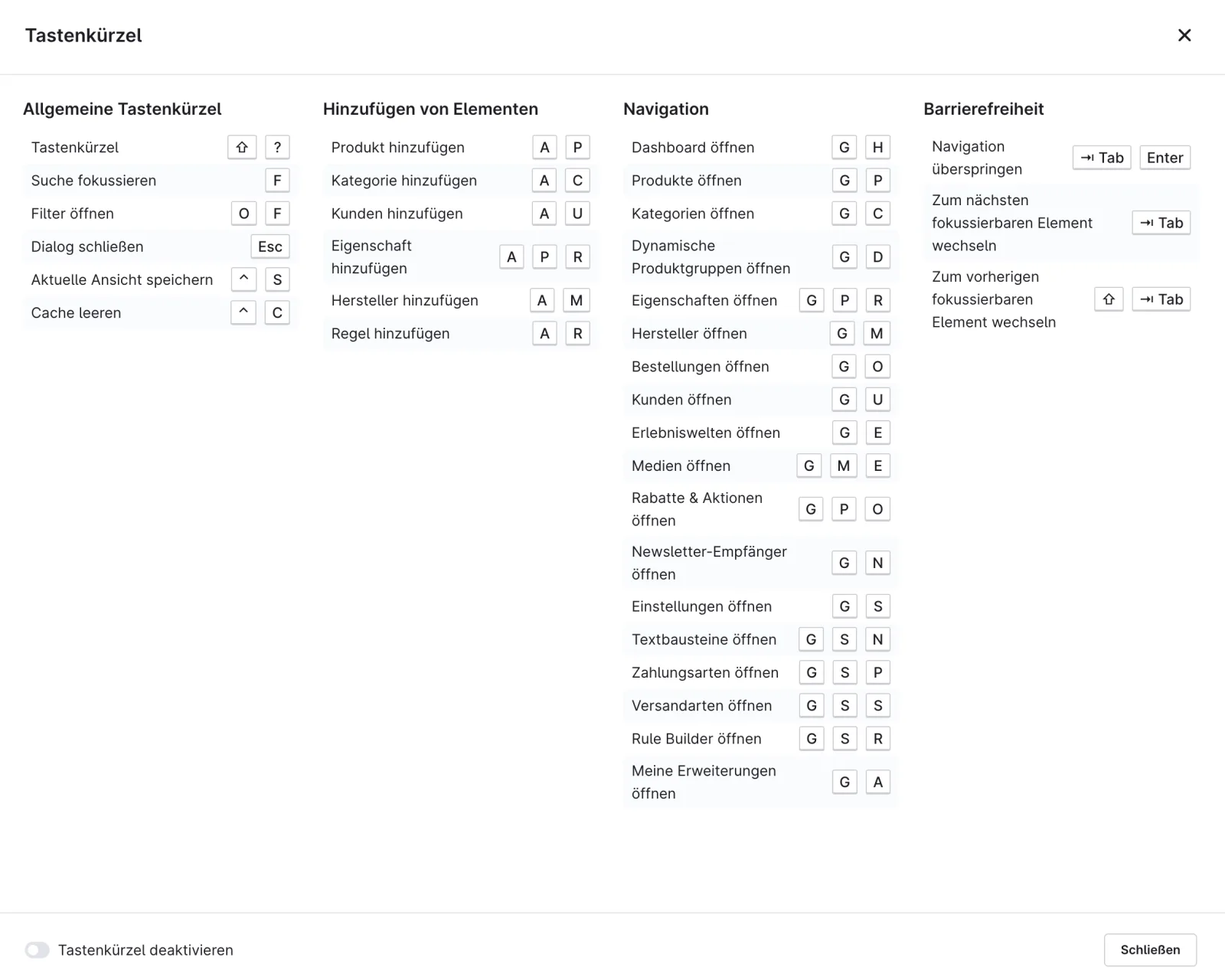 Die Tastenkürzel-Übersicht der Shopware-Administration mit den vier Blöcken Allgemein, Hinzufügen, Navigation und Barrierefreiheit