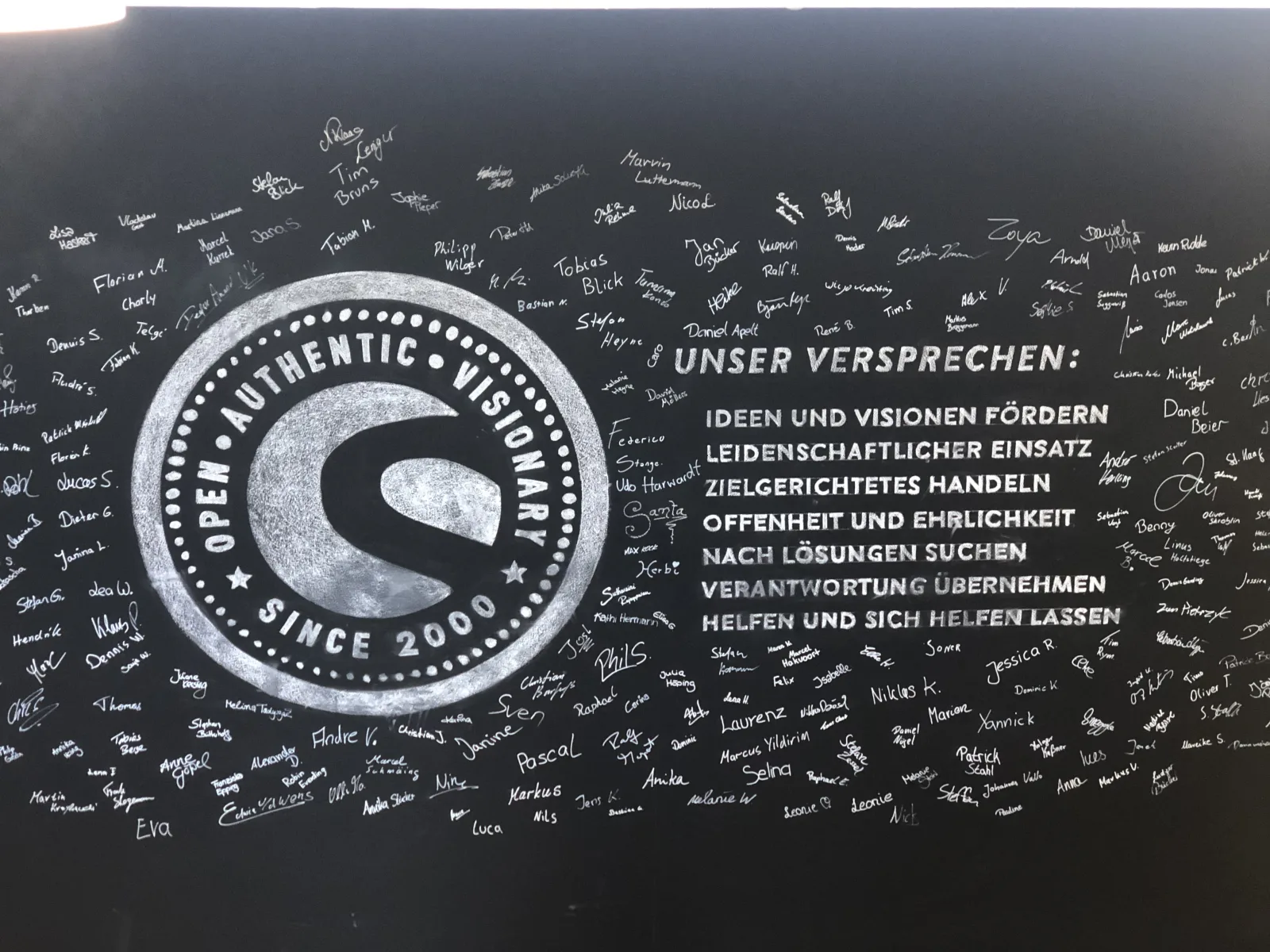 Wandtafel bei Shopware mit dem Firmensiegel Open, Authentic, Visionary, Since 2000 und den sieben Punkten des Unternehmensversprechens, umgeben von handschriftlichen Unterschriften